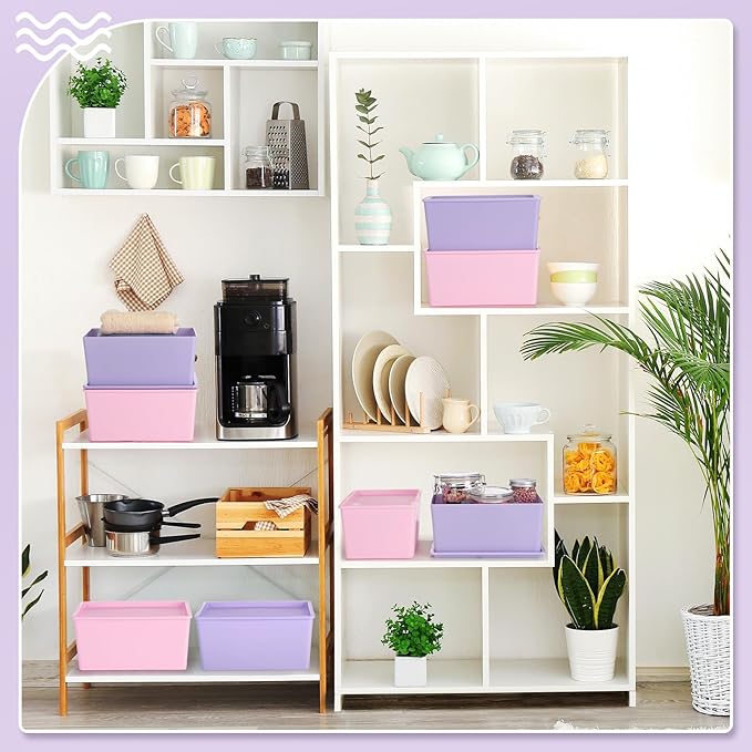 Menkxi 6 Pcs Storage Bins with Lids Small Plastic Storage Containers Stackable Storing Baskets Box Cute Organizer Bins for Organizing Shelves (Pink,Purple)