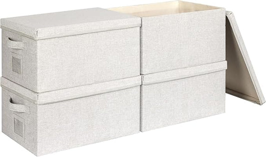 Large 17''x12'' Quart Collapsible Stackable Storage Bins with Lids, 4 Packs Off White Fabric Closet Boxes with Lids, Storage Cube Baskets Container Organizers for Bedroom Office(17''x12.2x''8'')