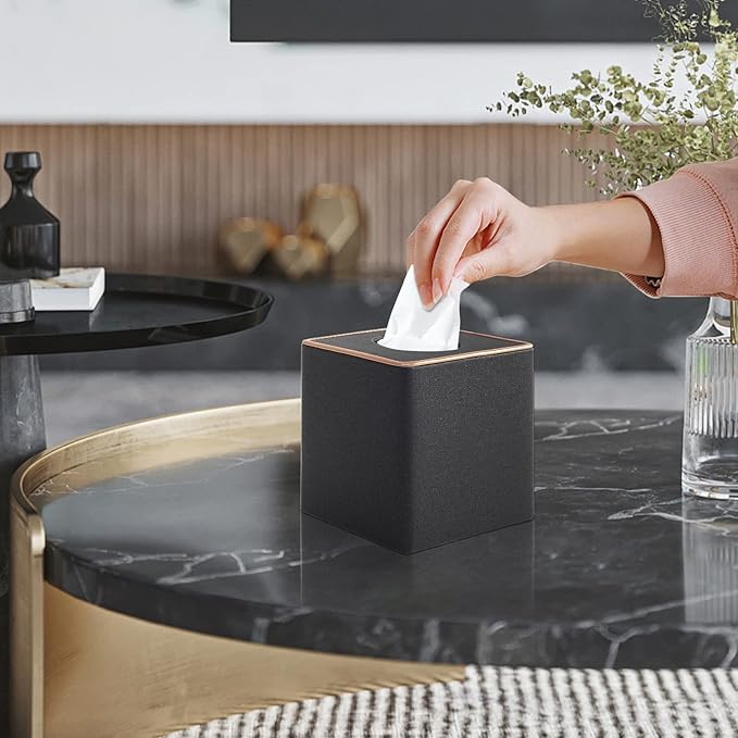 Linen Square Tissue Box Cover,Cube Tissue Box Holderï¼Excellent Rosegold Leather Decoration,Table Napkin Case Dispenser,Facial Tissues Organizer with Magnetic Bottom for Home Office Car(Black)