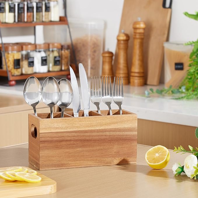 Acacia Wooden Silverware Holder, Kitchen Utensil Caddy with 3 Compartments, Cutlery Storage Organizer Countertop, Flatware Organizer for Party, Spoon, Fork Holder