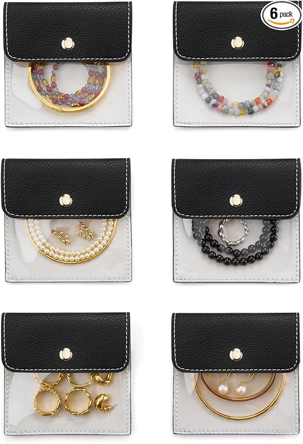 Popvibe 6 Pcs Jewelry Bags Clear Mini Pouch Small Jewelry Pouches for Traveling Leather Portable Travel Jewelry Organizer and Storage Bag for Earrings, Necklace, Black