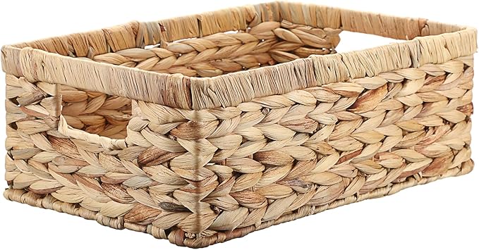 Wicker Basket for Shelf Woven Open Storage Bins with Built-in Handles Handwoven Water Hyacinth Storage Baskets Box for Living Room Bathroom Kitchen,13.8"L x 9.3"W x 5"H