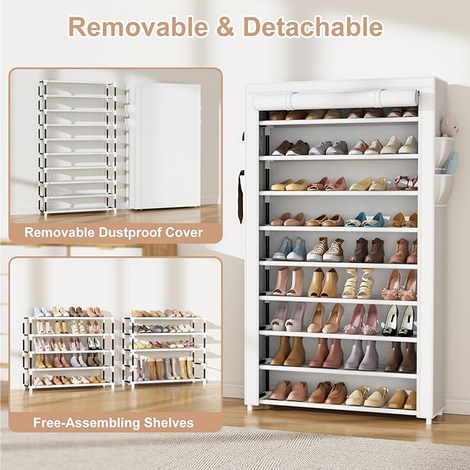 Shoe Rack with Cover Narrow Shoe Organizer with Pockets 10 Tier Tall Shoe Storage Holds 36-41 Pairs Shoes and Boots Shoe Rack for Closet Entryway Garage, White