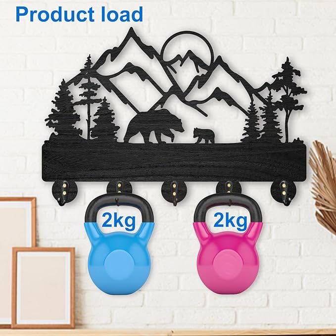 MAYJOYDIY Mountain Forest Key Holder for Wall 11.8×8inch Tree Bear Family Key Organizer Wood Wall Coat Hanger Hooks 5 Alloy Hooks Animal Theme Hooks for Gift Entrance Living Room Office Home Art Decor