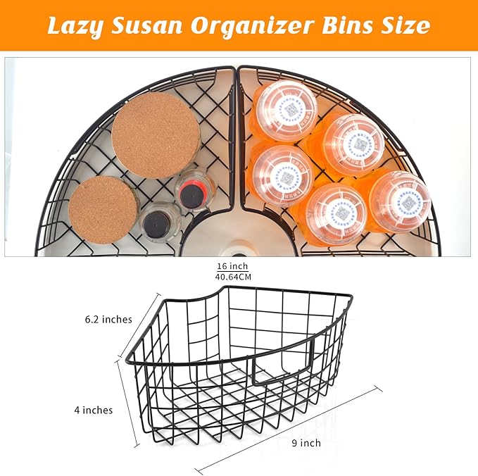2 Pack Lazy Susan Basket Lazy Susan Organizer Bins for 18"/20" Diameter Turntable 1/4 Wedge Corner Cabinet Organizer Metal Lazy Susan Kitchen Organization with Handle for Cabinet Fridge 9x6.2x4 Inch