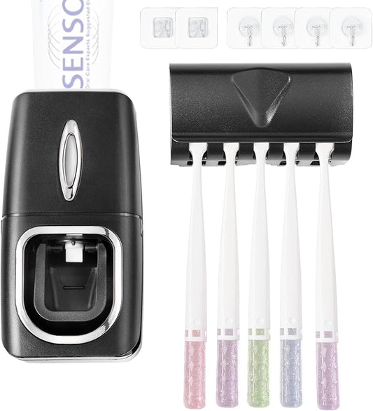 Toothbrush Holder and Toothpaste Dispenser Set, Automatic Toothpaste Squeezer Dispenser, Dispenser Toothpaste Squeezer Kit, Wall Mounted Bathroom Accessories (Black)