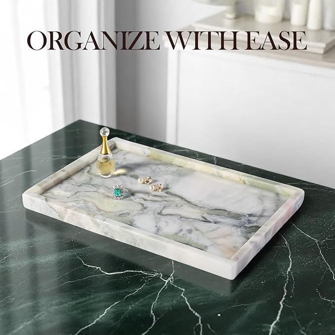 Koville Natural Marble Tray, 12x8â Coffee Table Vanity/Decorative Tray for Jewerly, Watch, Perfume Candle Storage for Bedroom/Bathroom/Kitchen Countertop