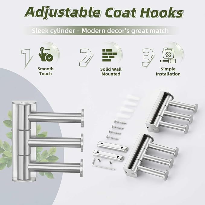 APLusee Swivel Towel Hook Brushed Nickel, 304 Stainless Steel 3 Arms Foldable Bathroom Robe Towel Hook, Shower Coat Hanger, Wall Kitchen Holder, 2 Pack
