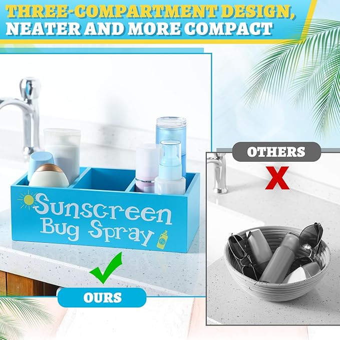 Sunscreen Bug Spray Storage Basket Blue Summer Wooden Box with 3 Compartments Toilet Tank Tray for Indoor Outdoor Swimming Pool Decor Sunblock Sunglasses Beach Pool Toy Storage Box