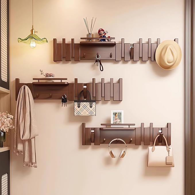 Wall Mounted Coat RackHooks Piano Key Hangers Natural Solid Wood Hanger Non-Woven Fabric Clothes Hangers for Closet, Kitchen, Bedroom, Bathroom, Entryway (Innovate-Walnut, 10 Hooks)