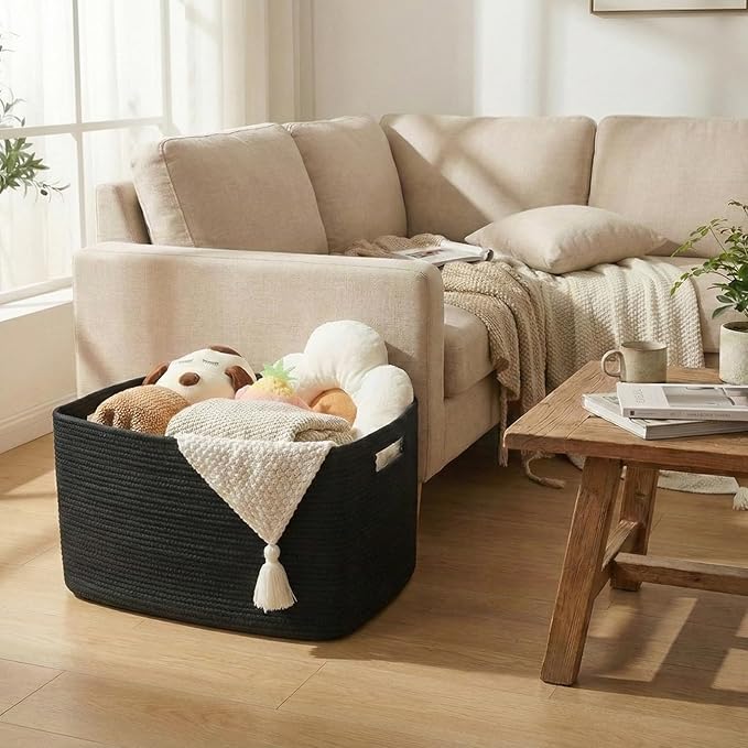 Woven Blanket Basket,96L Large Storage Bin for Blankets Toys Clothes,Decorative Rope Basket for Living Room Bedroom with Handles, Black