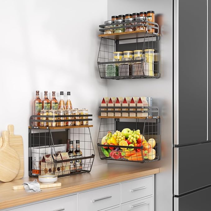 Magnetic Shelf for Fridge with Wood Lid, Magnetic Spice Rack for Refrigerator Large Capacity Wire Basket Kitchen Storage Bin for Fruit, Onion, Potatoes, Storage Organizer for Counter & Cabinet, Black