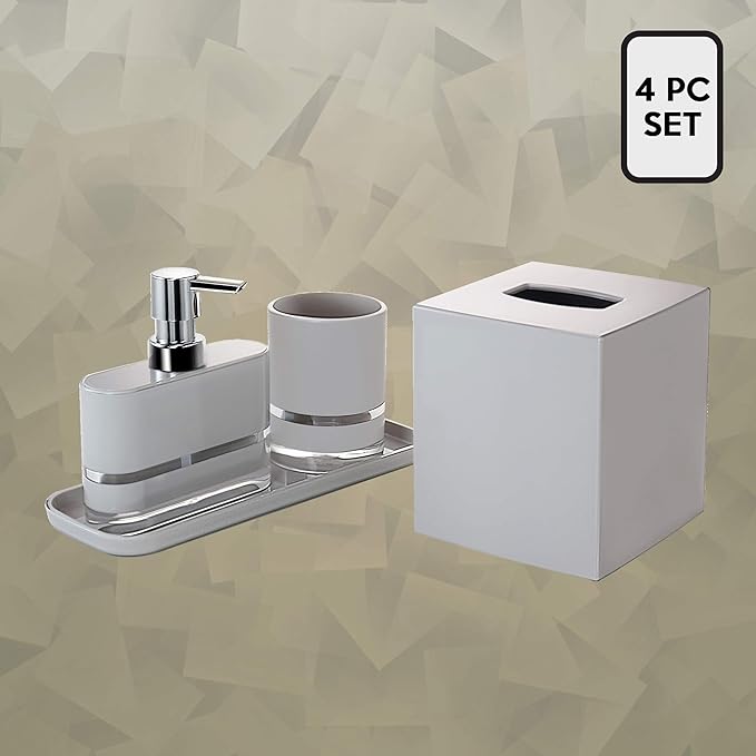 Decozen Bathroom Accessories Set of 4 - Elegant Soap Dispenser, Tumbler, Tissue Box & Tray for Modern Decor Home Decor Bath Accessories, Ideal Bathroom Decor & Housewarming Gift - Light Grey