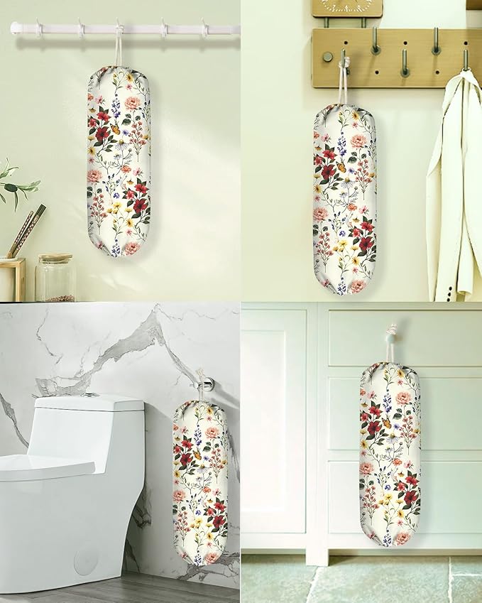 Plastic Bag Holder, Grocery Bag Organizer - 1 Pack Cute Kitchen Dispenser Holders Reusable Shopping Western Hanging Wall with Adjustment Drawstring Closure for Women Home, Floral