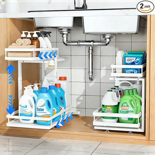 Under Sink Organizer, Dual-Rail Ball-Bearing, Under Kitchen Sink Organizer, 6-Level Adjustable, Under Cabinet Organizer, No-Drill Adhesive/Suction, Under Sink Storage (white, 2-pack)