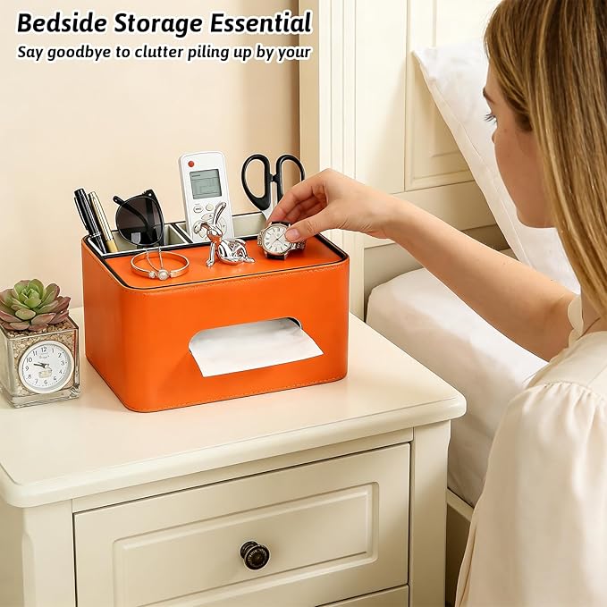 PU Leather Tissue Box Cover Square - Multifunctional Tissue Box Holder with Storage, Tissue and Remote Control Holder Organizer with Compartments for Bedroom Nightstand, Desk, Living Room (Orange)