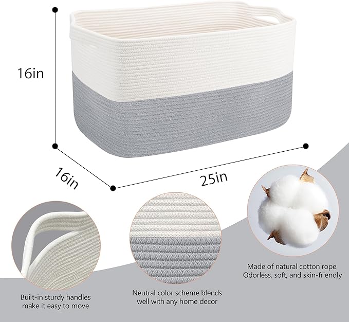 XXXXL Blanket Basket, 25" x 16" x 16"(108L) Rectangle Basket for Blankets Living Room, Extra Large Wicker Woven Blanket Pillow Storage Bin, Soft Kids Dog Toy Box Storage Bin Organizer