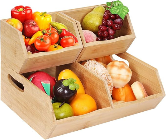 Bamboo Stackable Storage Baskets - Organize Potatoes, Onions & Fresh Produce in Pantry, Space-Saving Fruit Bowl for Kitchen Counter, Reusable Vegetable Container