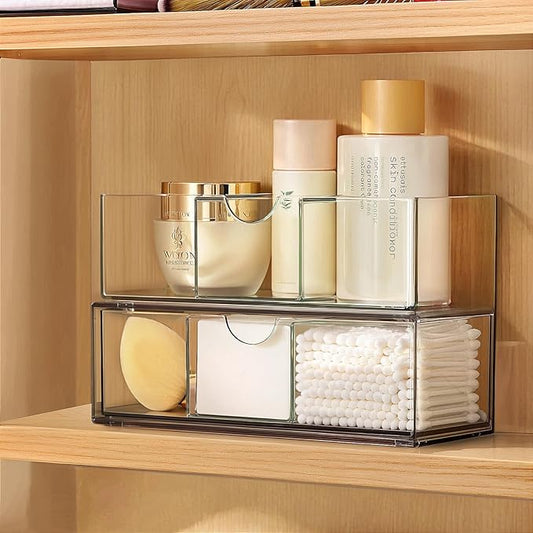 Medicine Cabinet Organizer 2 Pack, Stackable Storage Drawers with Removable Divider, Make Up Organizer for Bathroom Mirror Cabinets, Vanity, Closet, Countertop - Clear