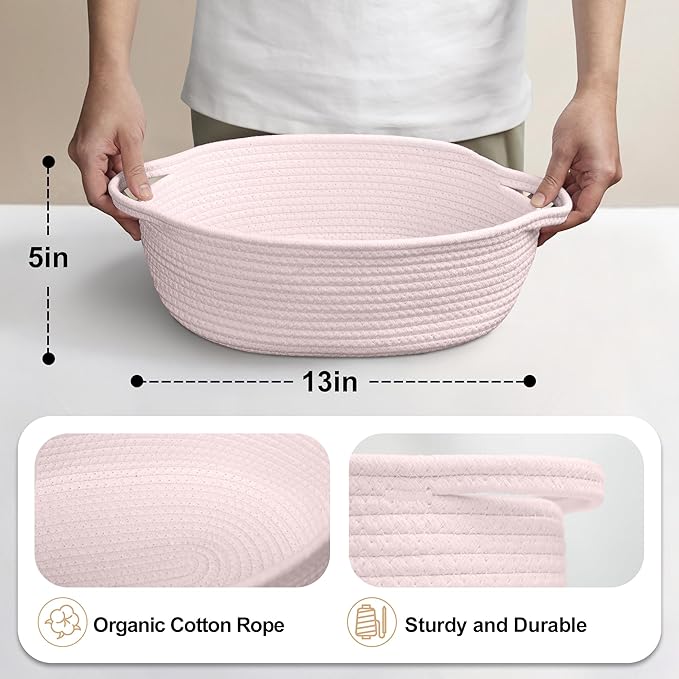 Pink Small Woven Basket, 13â x 9â x 5â Baskets for Gifts Empty, Cotton Rope Gift Basket, Cute Nursery Baby Organizer, Cat Dog Toy Bin Box, Wicker Storage Bin with Handle