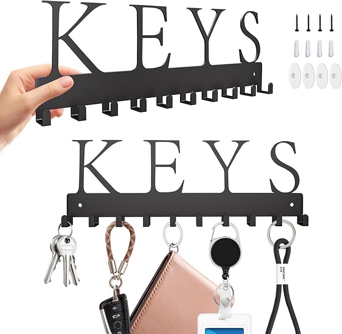 GPANDAG 2 Pack Key Holder Wall Mount with 20 Key Hooks, 10.2"x3.6" 20LB Metal Key Hanger for Kitchen/Living Room/Entryway/Apartment | Key Rack Hold Coat, Leash, Christmas/Home Decor | Dual Mount, KEYS
