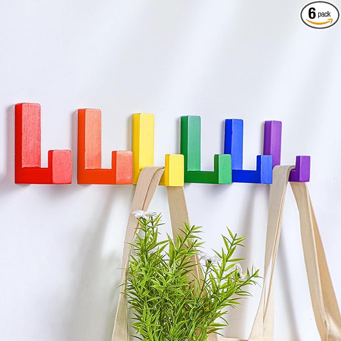 6 Pack Cute Kids Coat Wall Hooks Wooden Adhesive Decorative Colorful Wall Mounted Hangers Backpack Hooks for Hanging Keys Towel Clothes Bathroom Organization(Rainbow)