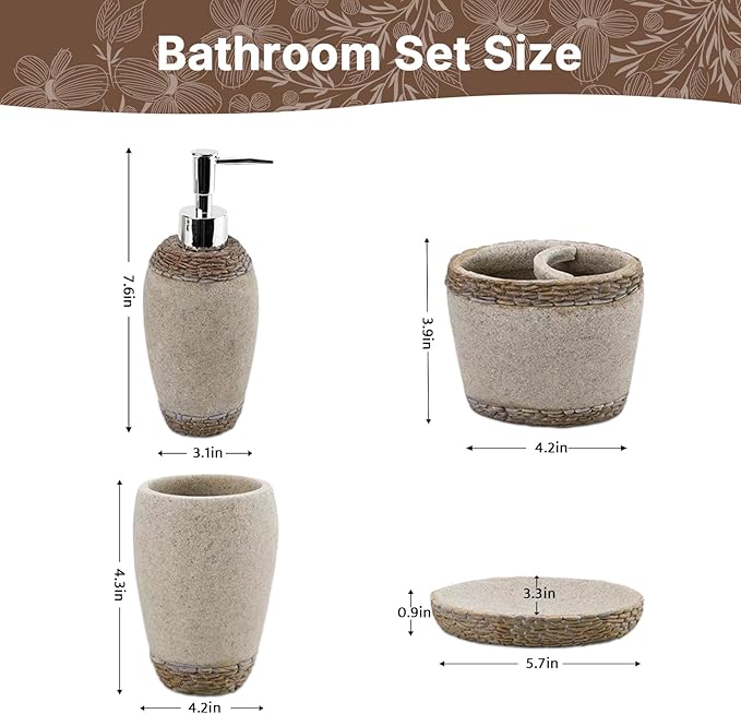 4 PCS Resin Bathroom Accessory Set, Soap Dispenser with Chrome Pump, Toothbrush Holder, Tumbler and Soap Dish, Bathroom Sink Set for Home Decor (Simple Retro)