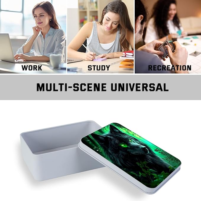 Metal Tin Box with Lid,Multi-functional Storage Box Can Store Tea Biscuits Game Cards, Playing & Tarot Cards-Comes with 4 Magnetic Cord Clips,Wolf with Glowing Green Eyes