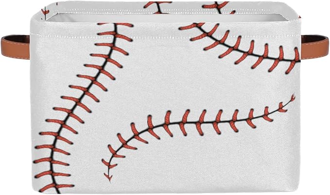 AUUXVA Storage Basket Baseball Stitches Storage Cube Box Sport Baseball Basket Softball Canvas Collapsible Toy Storage Bin Shelf Kids Gift Basket with Handles, 1Pc