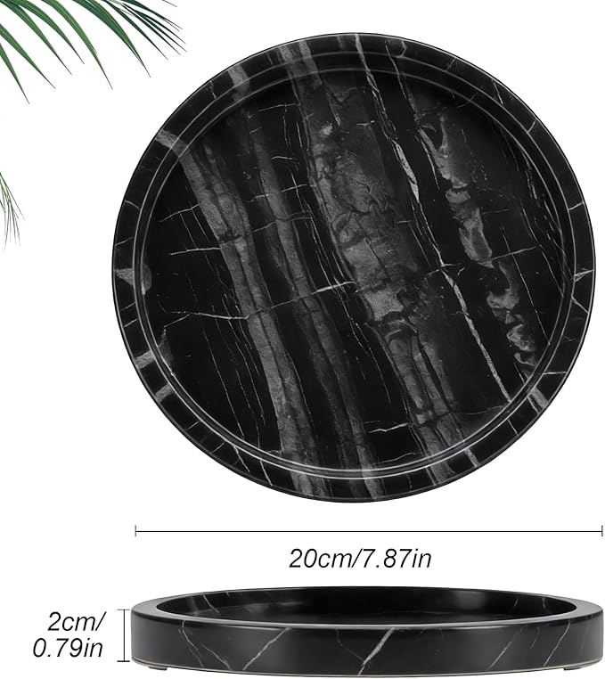 Natural Marble Tray, Round Black Tray for Bedroom/Bathroom/Kitchen/Vanity Countertop, Jewelry Tray for Rings Earrings Necklace Bracelet Watch, Room Decor Aesthetic