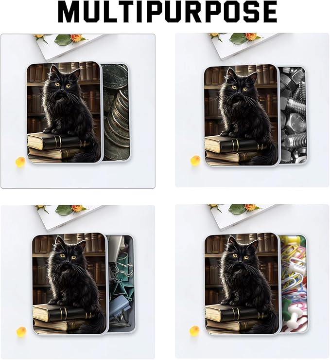 Metal Tin Box with Lid,Multi-functional Storage Box Can Store Tea Biscuits Game Cards, Playing & Tarot Cards-Comes with 4 Magnetic Cord Clips,Black Cat on Books