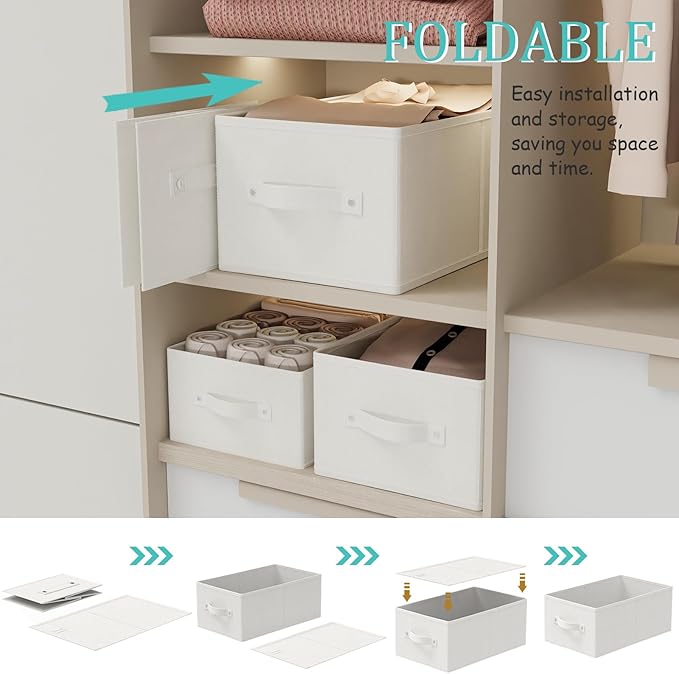 Foldable Closet Organizer, 3 Pack Cube Storage Bin, Clothes Basket for Shelves with 2 Handles, Saving Space, White & Ivory, 18.5 x 11 x 7.9 In, XSNY11WL-3