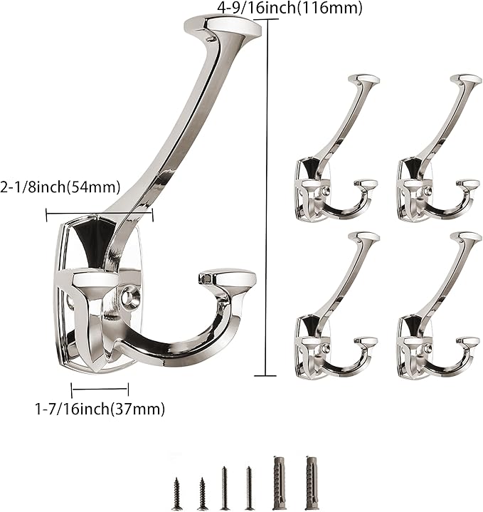 Polished Nickel Hooks Large Wall Mounted Decorative Solid Heavy-Duty Double-Sided Coat Hooks for Hanging Towels Coats Robes Towels Bag Bathroom Wall Hooks (10 Pack)
