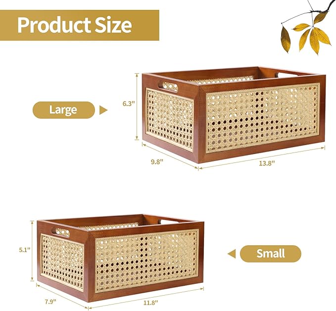 Rattan Storage Basket Large Handmade Woven Storage Bin for Organizing Decorative Wooden Box for Rustic Farmhouse Decor Home Office Tabletop Shelf Organizer, 13.8"L x 9.8"W x 6.3"H