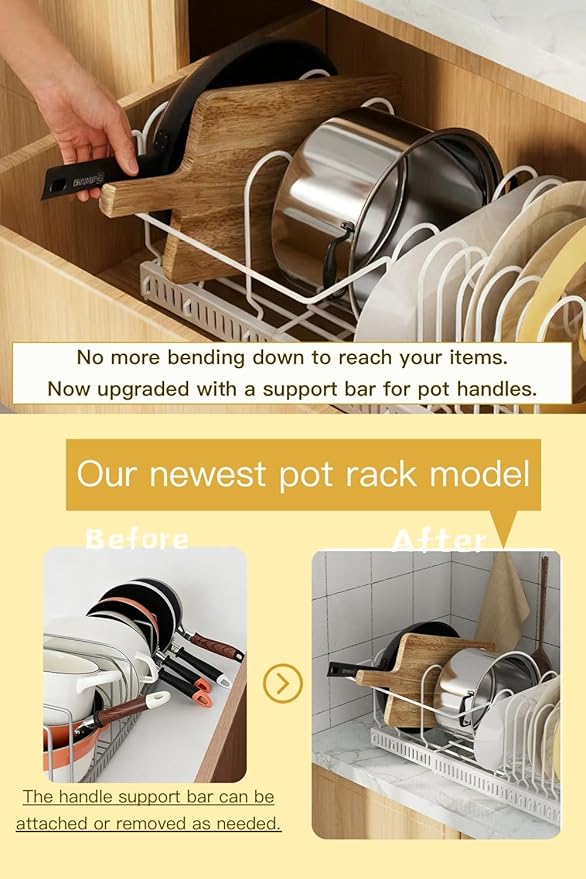 Pot and Pan Organizer for Cabinet & Drawer, Expandable Pan and Lid Rack with Handle Support Bar, Adjustable Cookware Storage for Pots, Lids, Bakeware