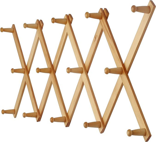 Dseap Accordian Wall Hanger: 16” High Wooden Wall Expandable Coat Rack, Hat Rack Holder, Accordion Hook for Baseball Caps, Coats, Mugs, 14 Peg Hooks, Natural