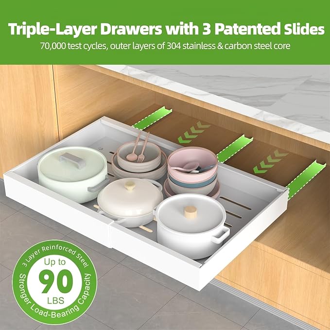 ANTOWIN 1Pack Expandable Pull Out Cabinet Organizer 16.5"Deep (12.2"-20.5" Width), Slide Out Drawers for Kitchen Cabinets, Roll Out Shelves Adhesive with 3-Layer Steel, for Cabinets Without Lip, White