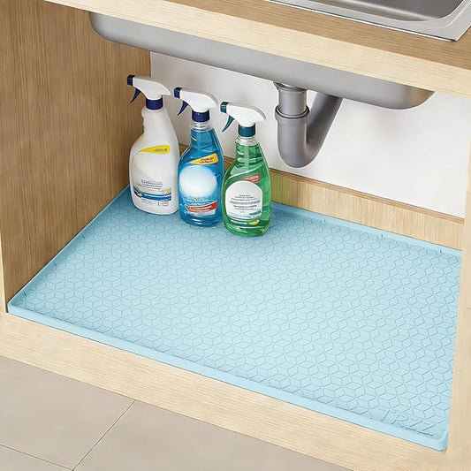 TRZZ Silicone Waterproof Under Sink Mat 28" x 19", Drip Tray and Cabinet Liner for Kitchen and Bathroom, Prevents Water Damage and Organizes Cabinets (Light Blue)