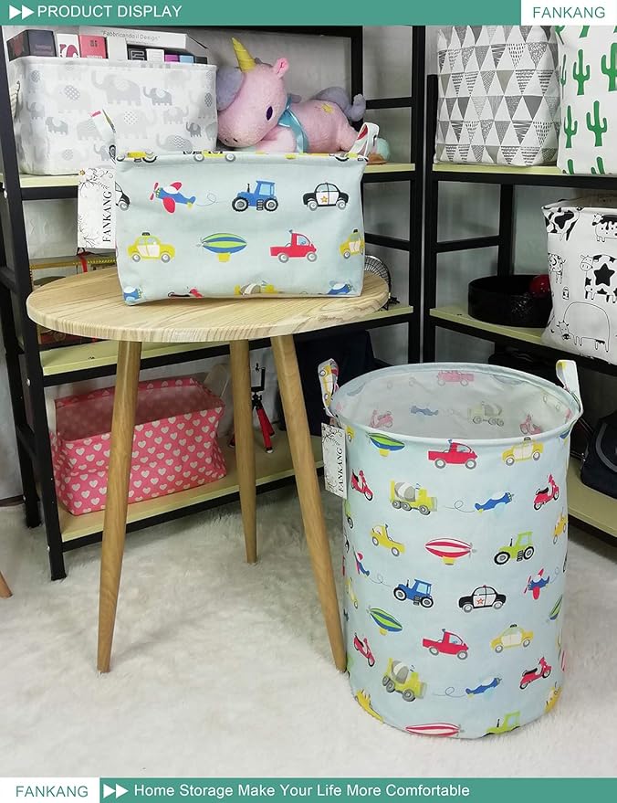 FANKANG Storage Basket, Nursery Hamper Canvas Laundry Basket Foldable with Waterproof PE Coating Large Storage Baskets for Kids Boys and Girls, Office, Bedroom, Clothes,Toysï¼Carï¼