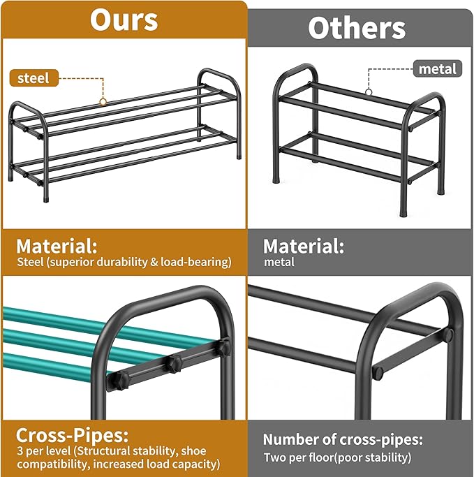2-Tier Expandable Shoe Rack for Entryway，Adjustable Metal Shoe Organizer for Closet,Living Room,Dorm,Black