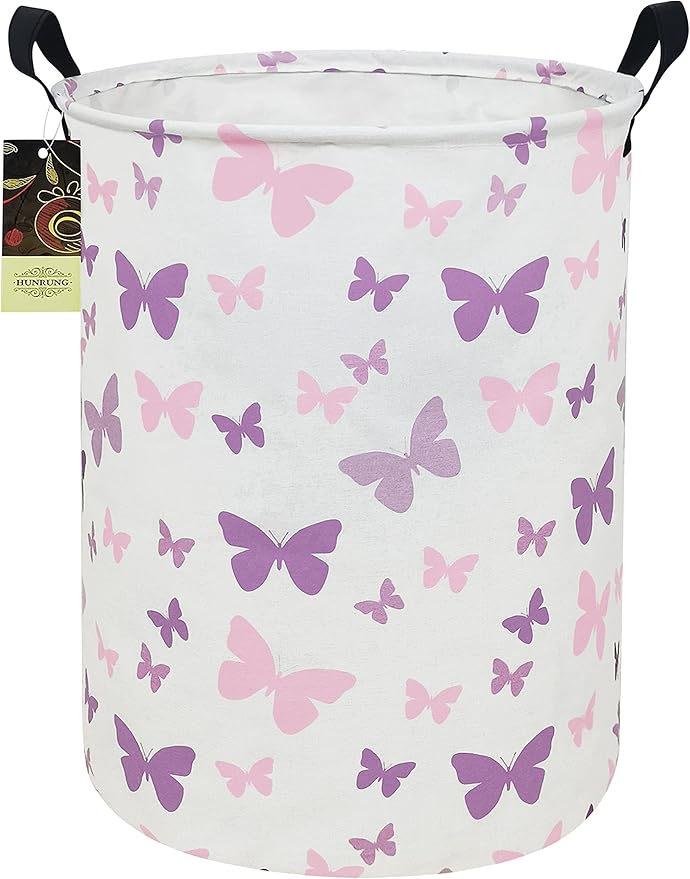 HUNRUNG Laundry Hamper,Large Canvas Fabric Lightweight Storage Basket Toy Organizer Dirty Clothes Collapsible Waterproof for College Dormsï¼Round-Butterflyï¼