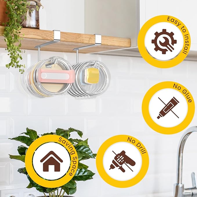 2 Pack Tumbler Lid Organizer, Under Cabinet Cup Lid Holder for Yeti Insulated Mug/Stanley Insulated Mug/Simple Modern Insulated Mug Lid, No Gluing, No Drilling, Up to 10 Lids (Stainless Steel)
