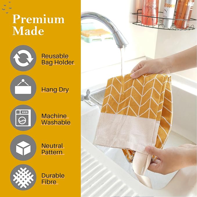 Plastic Bag Holder, Canvas Grocery Bag Holder Dispenser, Wall Mount Shopping Trash Bag Storage Organizer for Home Kitchen (Ginger Yellow)