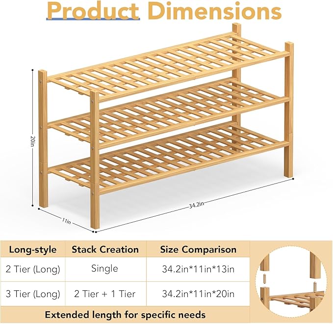 Haddockway Long 3 Tier Bamboo Shoe Rack Storage Organizer,Multifunctional Free Standing Stackable Shoe Shelf with Grid Panel for Closet,Hallway,Entryway,Small Space 34.2"x11"x20"