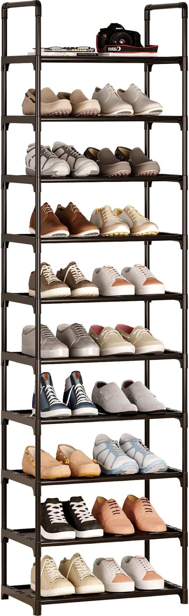 10-Tier Tall Shoe Rack, Adjustable 20-25 Pairs Shoe Shelf Storage Organizer for Entryway Hallway Closet Bathroom Living Room (Black)