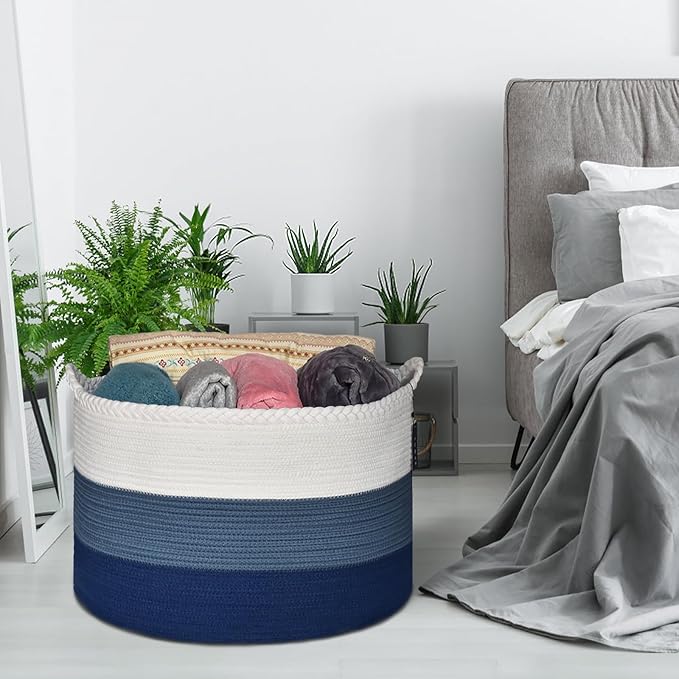 COMSE Extra Large Blanket Basket, Woven Laundry Basket, 21.7âx 13.8â, Nursery Hamper, Cotton Rope Laundry Hamper Living Room for Storage Toys Clothes Towels (White & Cadet Blue & Navy Blue)
