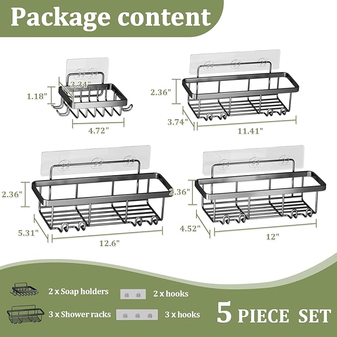 Adhesive Shower Caddy,5 Pack Rustproof Stainless Steel Bathroom Organizers and Storage,Large Capacity Bathroom Shower Organizer,No Drilling Shelves for Storage & Home Decor,Black