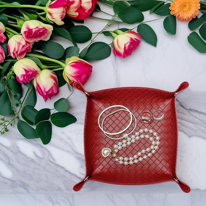 UnionBasic Small Valet Tray, Jewelry Tray for Rings Watches Earrings, Entryway Catchall Caddy for Coins Keys Change, Nightstand Bedside Valet Holder, Trays for Electronic Gadgets, Woven Red