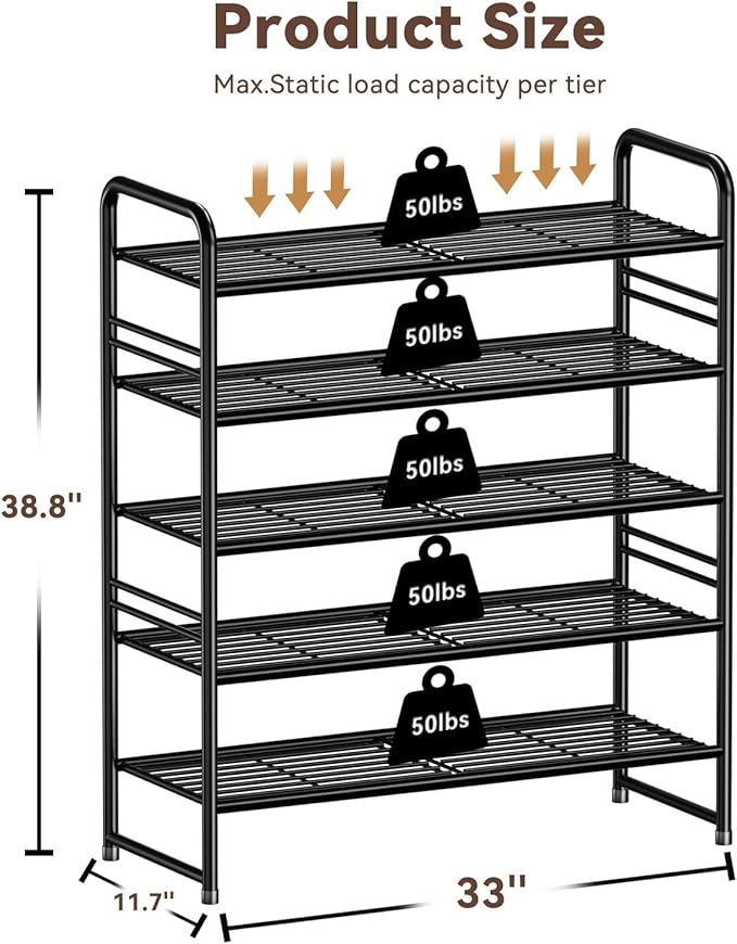 5 Tier Stackable Shoe Rack, 32.5" Wide All Metal Free Standing Shoe Storage Organizer for Entryway, Closet, Black