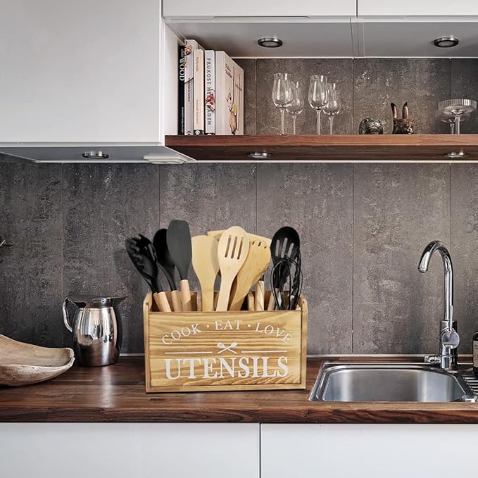 Kitchen Utensil Holder for Countertop, Large Solid Wood Farmhouse Cooking Utensils Organizer for Kitchen Counter, 3 Compartments Utensil Spoon Holder Tool Storage for Home Decor (Burned wood)